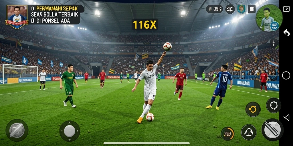 Screenshot gameplay 116X menampilkan aksi seru di lapangan sepak bola.