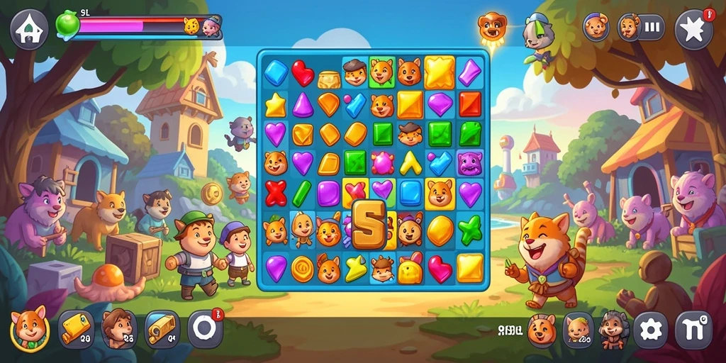 Tampilan penuh warna gameplay Match-3 di 9SL.