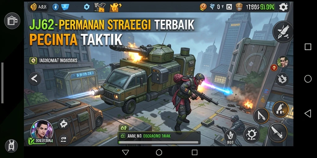 Screenshot utama JJ62 menampilkan aksi strategi yang intens dalam pertempuran.