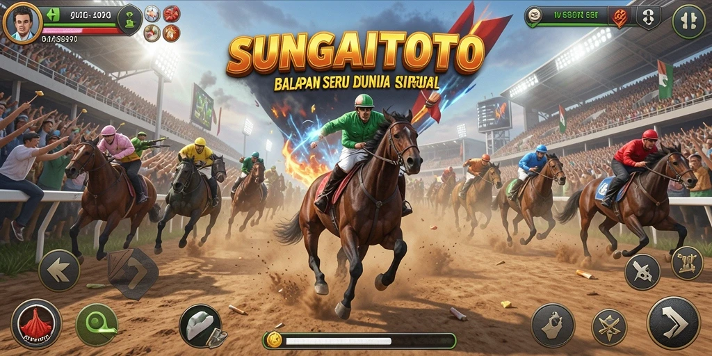 Tampilan gameplay seru dalam SUNGAITOTO dengan kendaraan balap cepat.