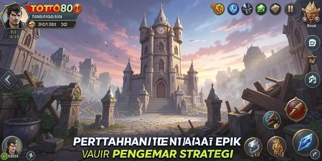 Screenshot gameplay TOTO80 menampilkan pertempuran seru di menara pertahanan.
